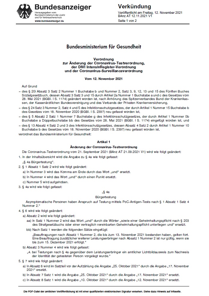 Titel Änderung Testverordnung 12. November 2021
